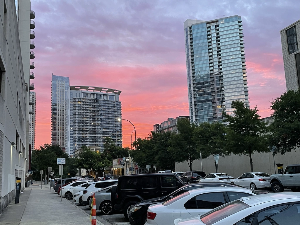 A pink sunset in downtown Austin, Texas